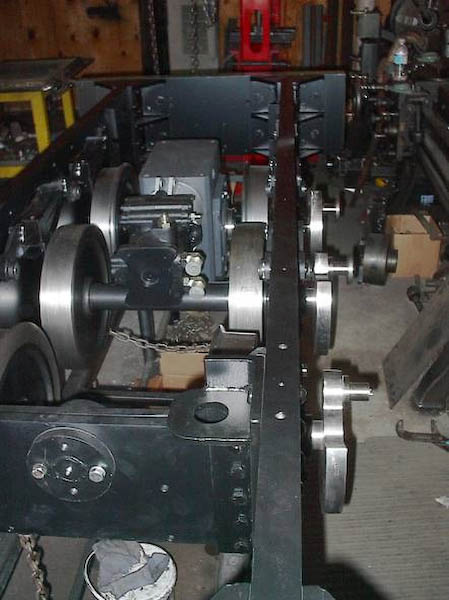 A shot of the massiveness of the chassis, wheels and side rods. The chassis alone weighs over 2000 lbs and the rear drive axle assembly weighs over 900 lbs. The side frames are 1 5/8" thick and the end beams are 2 3/4" thick.